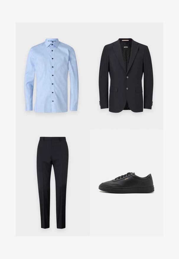 Marineblå skræddersyet blazer i glat stof, med to knapper, fire-knap manchetter og en enkelt brystlomme. Foring med logo.; Lys blå langærmet skjorte med et tekstureret mønster, der har en spids krave og seks sorte knapper foran.; Marineblå skrædderbukser, flad front, slim fit, med bæltestropper og sidelommer. Glat stof med en skarp finish, ingen synlige mønstre eller accent.; Sorte lædersneakers med en glat overflade, rund tå, flad gummisål og tonede snørebånd. Udstyret med guld "BOSS" branding på siden.