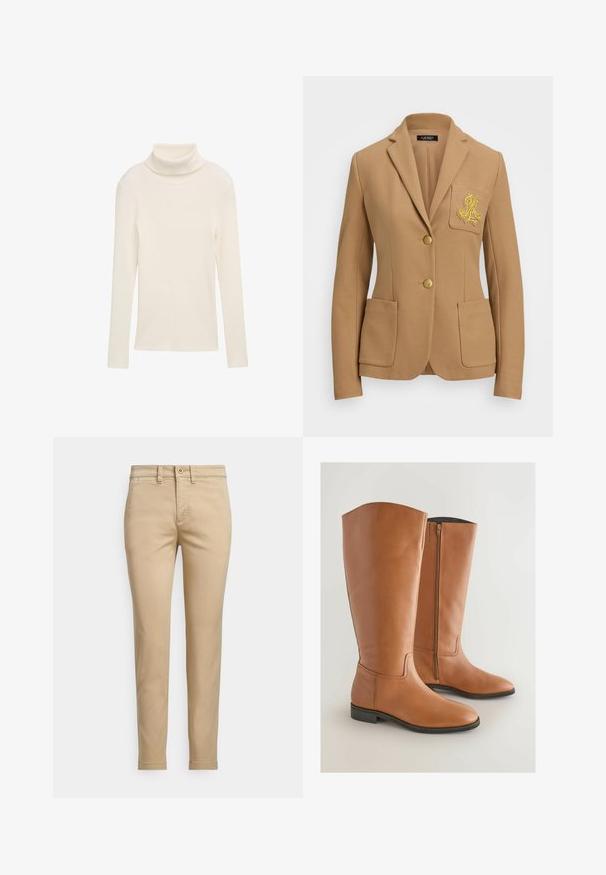 Blazer v camelovej farbe s textúrovanou látkou, s klopami, dvoma zlatými gombíkmi a dekoratívnym zlatým vyšitým logom na vrecku na hrudi.; Krémový rolák z rebrovaného materiálu. Dlhé rukávy a priliehavý strih. Žiadne viditeľné vzory ani kovové akcenty.; Béžové bavlnené chino nohavice s priamym strihom, so zapínaním na gombík, prednými vreckami a prešitým detailom pozdĺž švov.; Vysoké hnedé kožené jazdecké topánky s elegantným dizajnom, okrúhlou špičkou a bočným zipsom pre jednoduché obúvanie. Plochá podrážka a minimálne švy.