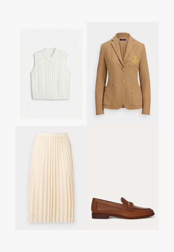 Blazer couleur camel en tissu texturé, avec des revers notched, deux boutons dorés et un logo brodé doré décoratif sur la poche de poitrine.; Veste sans manches blanche en tricot avec motif torsadé et encolure en V, emmanchures et ourlet côtelés.; Jupe midi plissée de couleur crème avec une ceinture ajustée, suspendue droite sur un fond uni.; Mocassin en cuir marron avec détail de boucle dorée et petit talon en bois, présenté de côté sur un fond uni.