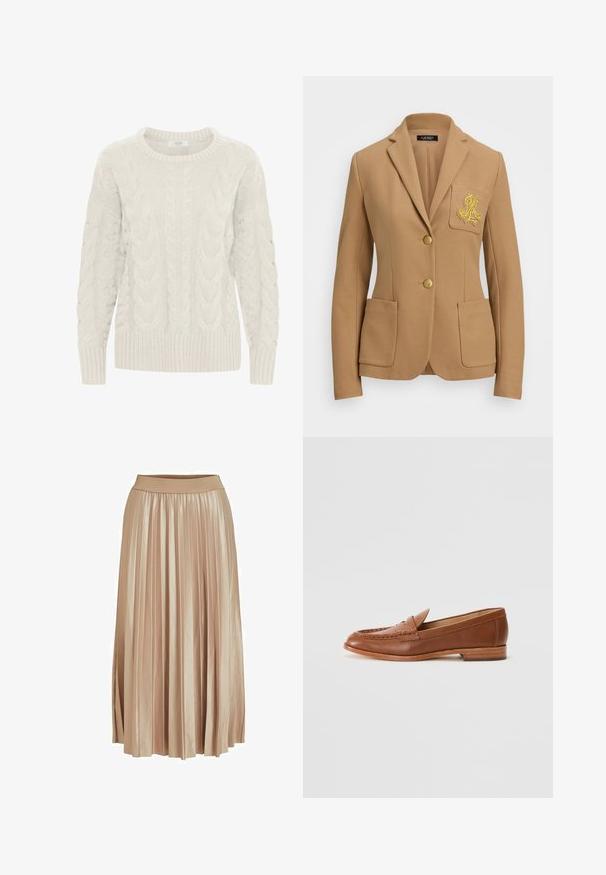 Kamelfarvet blazer med tekstureret stof, skrå lapeler, to guldknapper og et dekorativt guld broderet logo på brystlommen.; Lys grå kabelstrikket sweater med rund hals, teksturerede mønstre og ribstrikkede manchetter og kant. Lavet af blødt, chunky garn.; Plisseret midi-nederdel i lys beige satinmateriale. Har et bredt, elastisk taljebånd og elegante lodrette folder over hele længden.; Lauren Ralph Lauren WYNNIE - Loafers - deep saddle tan