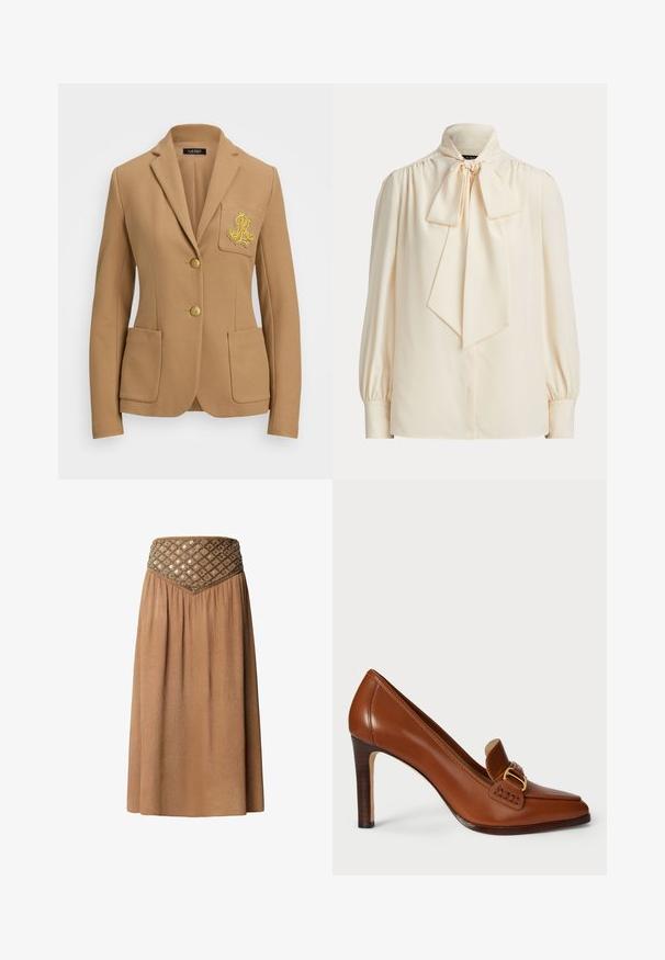 Blazer color camel con tejido texturizado, solapas de pico, dos botones dorados y un logo decorativo bordado en dorado en el bolsillo del pecho.; Blusa cremosa de manga larga con cuello alto y un gran lazo atado en el cuello, con hombros fruncidos y mangas con puños.; Falda maxi marrón con un tejido texturizado, que presenta una cinturilla elaborada adornada con patrones geométricos y detalles de metal.; Zapato de tacón alto de cuero marrón con punta afilada, que presenta una correa decorativa y herrajes en tono dorado a lo largo del empeine. Textura suave.