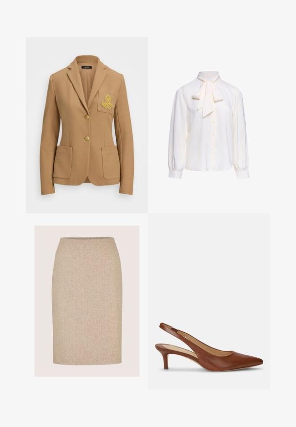 Kameelkleurige blazer van een gestructureerde stof, met opgestikte revers, twee gouden knopen en een decoratieve gouden geborduurde logo op de borstzak.; Witte blouse met lange mouwen, knoopsluiting aan de voorkant en een grote gestrikte strik bij de halslijn op een effen achtergrond.; Beige kokerrok tot op de knie met een subtiel visgraatpatroon en zonder zichtbare naden of versieringen.; Bruine leren damesslingback met puntige neus en lage kittenhak op witte achtergrond.