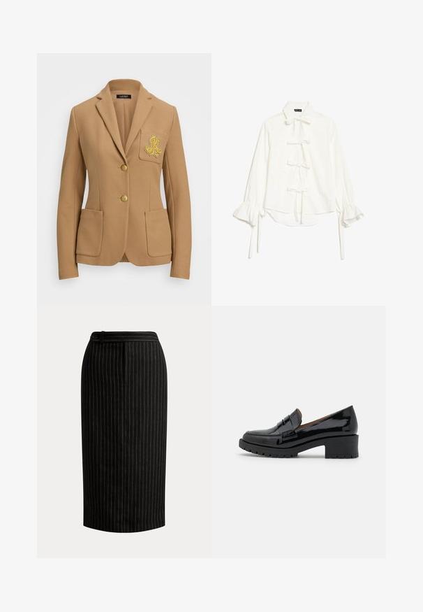 Kamelfarvet blazer med tekstureret stof, skrå lapeler, to guldknapper og et dekorativt guld broderet logo på brystlommen.; Hvid bluse med lange, flæsekantede ærmer og fem knuder foran, med klassisk krave og let høj-lav kant.; Sort knælængde blyantnederdel med tynde lodrette hvide nålestriber og en detaljeret linning med knapper.; Sorte patenterede lædersko med en lav, chunky hæl, der har en frontrem detail og en tekstureret gummisål for godt greb.