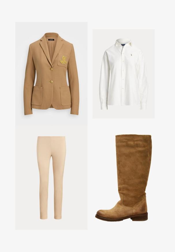 Kamelfarvet blazer med tekstureret stof, skrå lapeler, to guldknapper og et dekorativt guld broderet logo på brystlommen.; Hvid langærmet skjorte med knapper, krave og lille broderet logo på venstre bryst.; Beige slim-fit ankellange bukser med en glat finish og uden synlige lommer eller pynt på en ensfarvet baggrund.; Brune ruskinds knæhøje støvler med rund tå og lav blokhæl. Glat overflade, minimal syning, og et logodetail nær hælen.