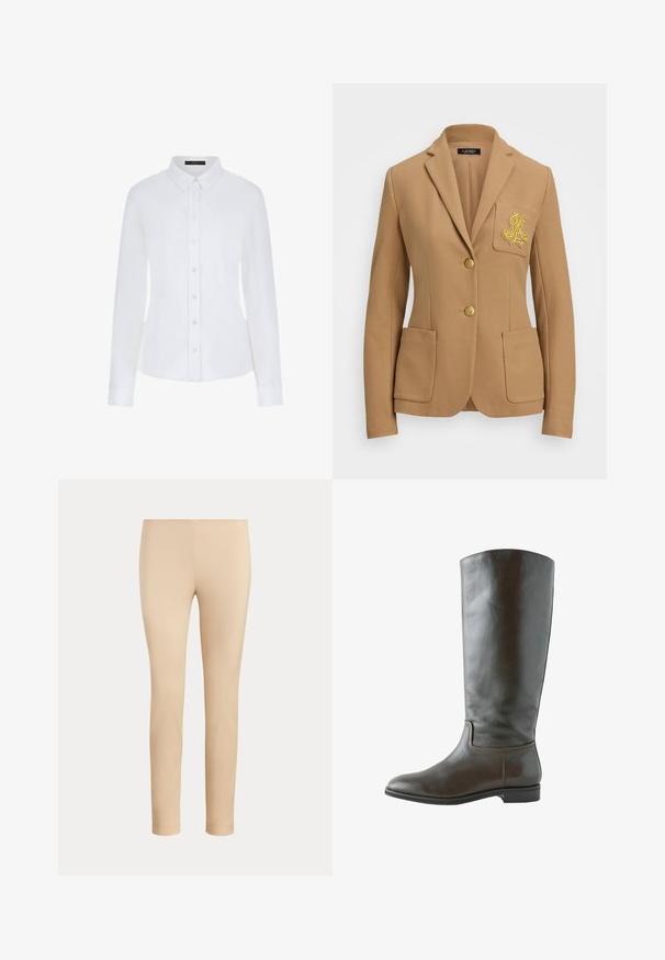 Blazer color camel con tejido texturizado, solapas de pico, dos botones dorados y un logo decorativo bordado en dorado en el bolsillo del pecho.; Camisa blanca de manga larga con cuello, cierre de botones en la parte delantera y puños. Elaborada en una tela suave con un diseño ajustado y sin patrones visibles.; Pantalones beige ajustados hasta el tobillo con un acabado liso y sin bolsillos visibles ni adornos sobre un fondo liso.; Bota alta de cuero marrón con tacón bajo, punta redondeada y costuras sencillas a lo largo del tobillo y los bordes de la suela.