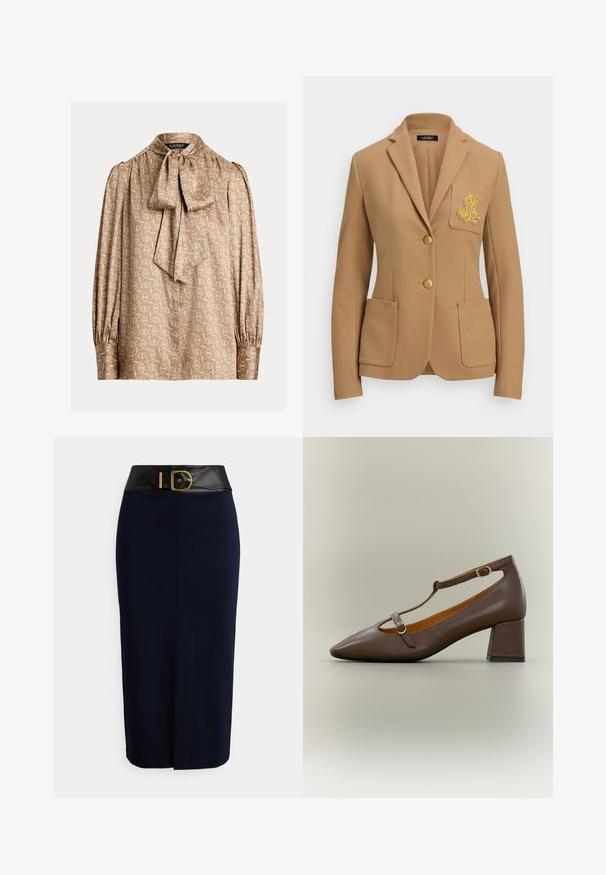 Kamel-farbener Blazer aus strukturiertem Stoff, mit Reverskragen, zwei goldenen Knöpfen und einem dekorativen, goldgestickten Logo auf der Brusttasche.; Beige Bluse mit hochgeschlossenem Kragen und Schleifenbinde. Sie verfügt über ein geometrisches Muster in Gold und Creme, lange Ärmel mit gerafften Manschetten und eine seidige Textur.; Marineblauer Bleistiftrock mit einem breiten schwarzen Bund und einer großen goldenen Schnalle, ausgestattet mit einer vorderen Naht und einem dezenten Schlitz vorne.; Brauner Lederschuh mit T-Riemen, niedrigem Blockabsatz, spitzer Schuhspitze und zwei kleinen goldenen Schnallen an den Riemen.
