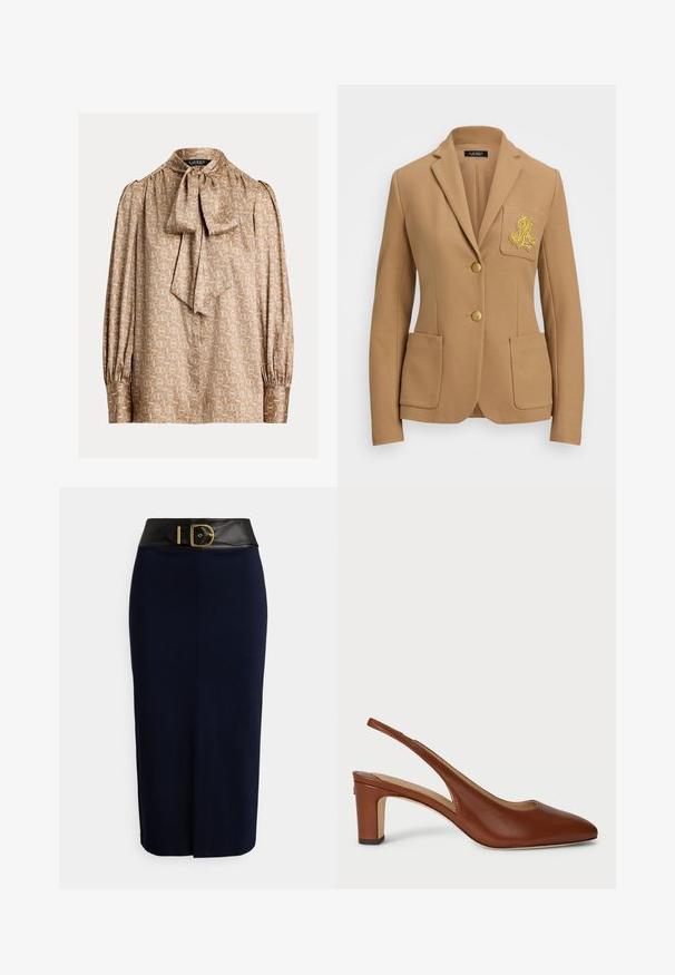 Kamelfarvet blazer med tekstureret stof, skrå lapeler, to guldknapper og et dekorativt guld broderet logo på brystlommen.; Beige bluse med høj hals og sløjfe. Har et geometrisk mønster i guld og creme, lange ærmer med samlede manchetter, silkeagtig tekstur.; Marineblå blyantskjørt med bredt sort linning og stor guldbøjle, med en syning foran og en subtil frontslids.; Brun læder slingback sko med spids tå, lav blokhæl og åbne sider, der har en glat tekstur og et minimalistisk design.