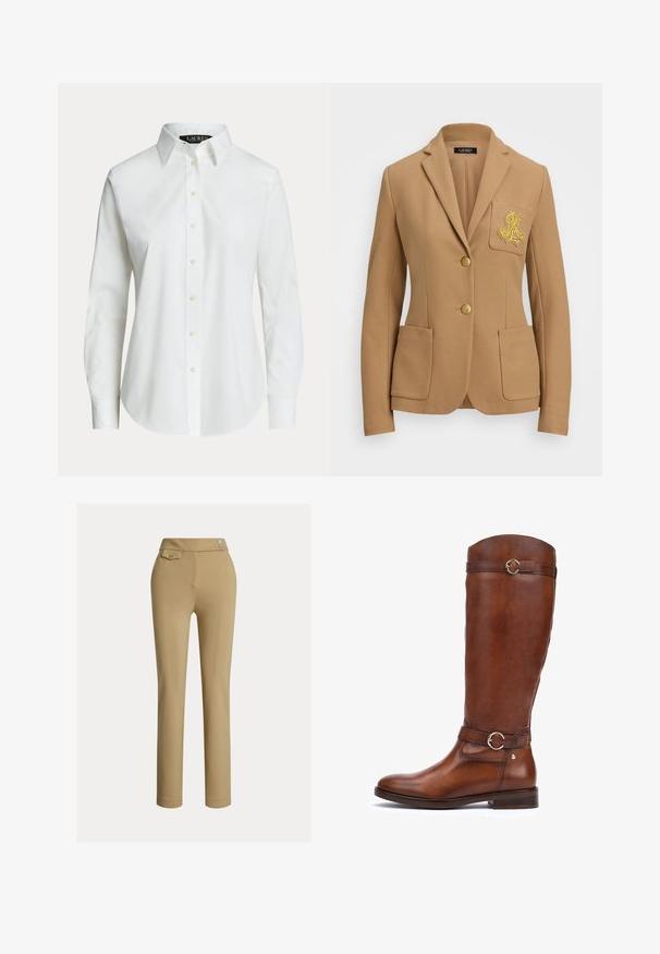 Kamel-farbener Blazer aus strukturiertem Stoff, mit Reverskragen, zwei goldenen Knöpfen und einem dekorativen, goldgestickten Logo auf der Brusttasche.; Weißes langärmeliges Hemd mit klassischem Kragen und sichtbaren Knöpfen vorne, auf einfachem Hintergrund präsentiert.; Beige Maßhose mit glatter Textur, hoher Taille, zwei dekorativen Knöpfen und einer einzelnen Gesäßtasche. Gerade Beinform.; Knöchelhöhe braune Lederstiefel mit glatter Oberfläche, abgerundeter Zehenpartie, dekorativem Riegel mit einer runden Schnalle und niedrigem gestapeltem Absatz.