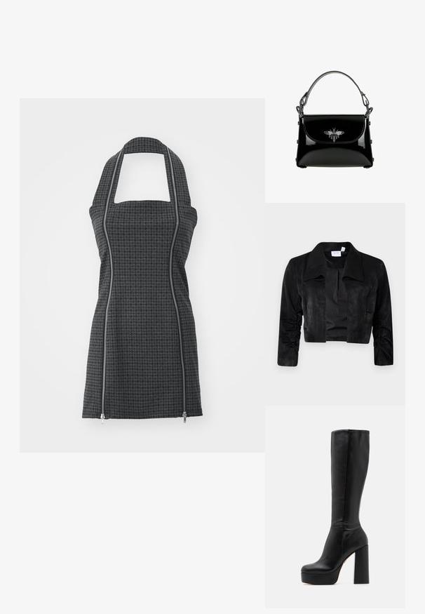 Veste noire cropped en tissu doux, avec un grand col, des manches longues avec des accents froncés et une fermeture frontale sans boutons.; Tablier noir et gris à motifs avec col halter, encolure carrée, détails de fermeture éclair à l'avant et coupe ajustée. Fabriqué en tissu texturé.; Bottes noires montantes en cuir lisse avec une finition texturée, dotées d'un talon bloc haut et d'un design à bout rond.; Sac à main en cuir verni noir avec une poignée supérieure et une ornementation en forme d'abeille argentée sur le rabat avant.