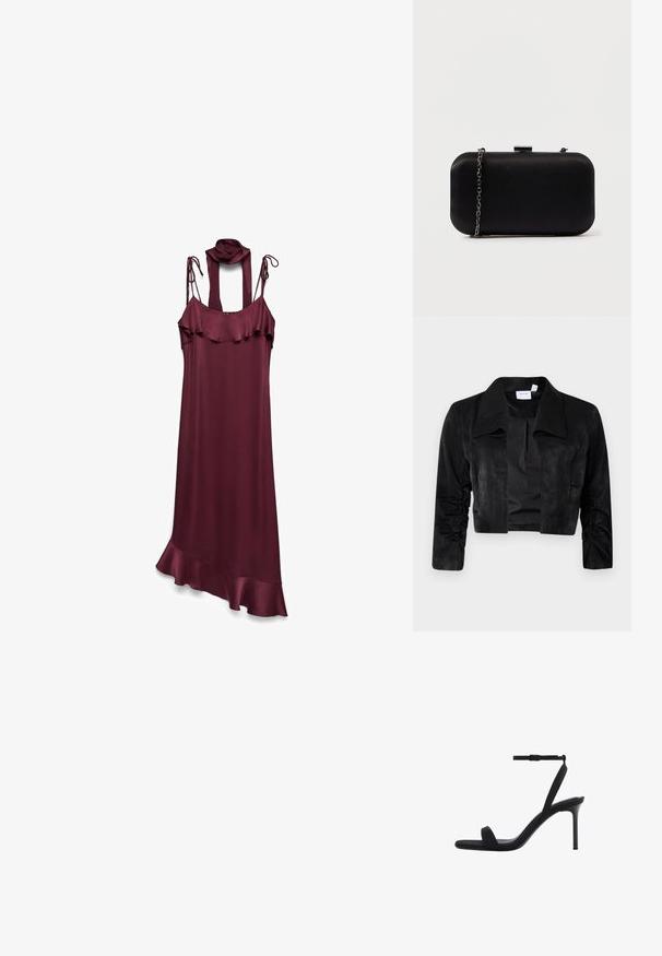 Veste noire cropped en tissu doux, avec un grand col, des manches longues avec des accents froncés et une fermeture frontale sans boutons.; Robe en satin bordeaux avec des bretelles réglables, un décolleté froncé et un ourlet asymétrique avec un accent froncé en bas.; Sandale noire à talon haut avec fine bride à la cheville et bout ouvert, dotée d'un talon aiguille mince et d'un design minimaliste.; Pochette rectangulaire noire en matériau lisse. Équipée d'une bandoulière en chaîne détachable et d'un fermoir métallique sur le dessus. Design simple avec des bords arrondis.