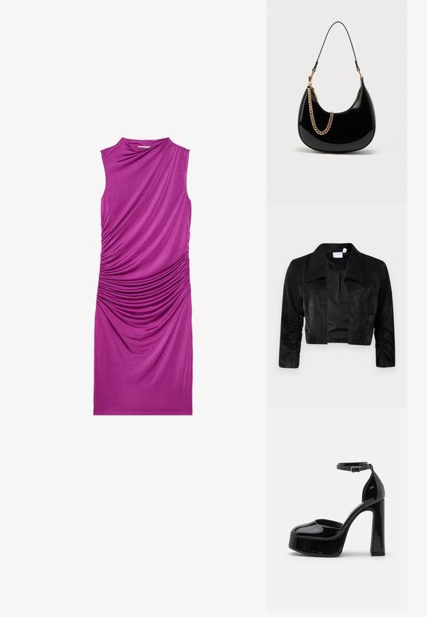 Veste noire cropped en tissu doux, avec un grand col, des manches longues avec des accents froncés et une fermeture frontale sans boutons.; Robe sans manches, de couleur violette, avec des détails en tissu froncé sur un côté, présentant une texture lisse et une coupe au niveau des genoux.; Talons compensés en cuir verni noir avec une bride à la cheville, bout arrondi et talon épais, affichant une texture lisse et brillante.; Sac à main en cuir verni noir avec une forme courbée, une fine bandoulière et un accent chaîne dorée sur le devant. Texture lisse, design minimaliste.
