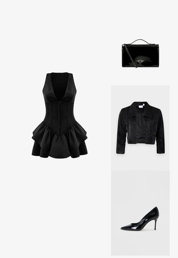 Zwarte cropped jas gemaakt van zachte stof, met een grote kraag, lange mouwen met geplooide accenten en een knooploze sluiting aan de voorkant.; OW Collection AUGUSTA - Jerseyjurk - black; Zwarte lakschoenen met een puntige neus en een slanke stilettohak. Soepele textuur met een glanzende afwerking en een minimalistisch ontwerp.; Zwarte patenten leren handtas met een kettinghengsel, voorzien van een decoratief metalen bij-embleem aan de voorkant. Ronde vorm met glanzende afwerking.