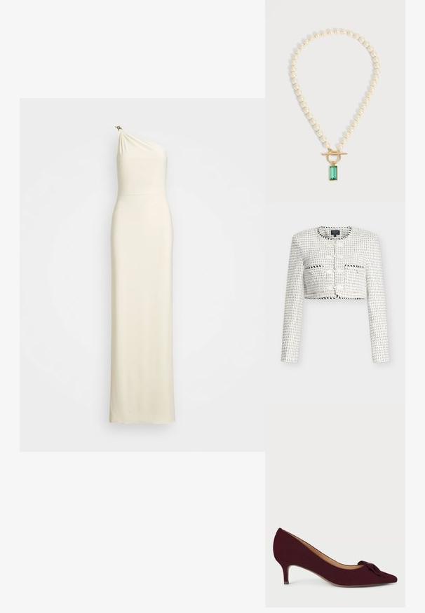 Hvid cropped jakke med et tekstureret, vævet mønster. Har lange ærmer, rund halsudskæring og dekorative knapper foran.; Én-skulder cremefarvet kjole med draperet stof, slim fit, gulvlængde design og en lille metallisk accent på skulderen. Glat tekstur.; Bordeaux ruskindpumpe med spids tå, lille hæl og en knytta sløjfe accentueret på vampsiden; glat tekstur og strømlinet design.; Streng af runde hvide perler med lukning i guld og rektangulært grønt ædelstensvedhæng på lys baggrund.