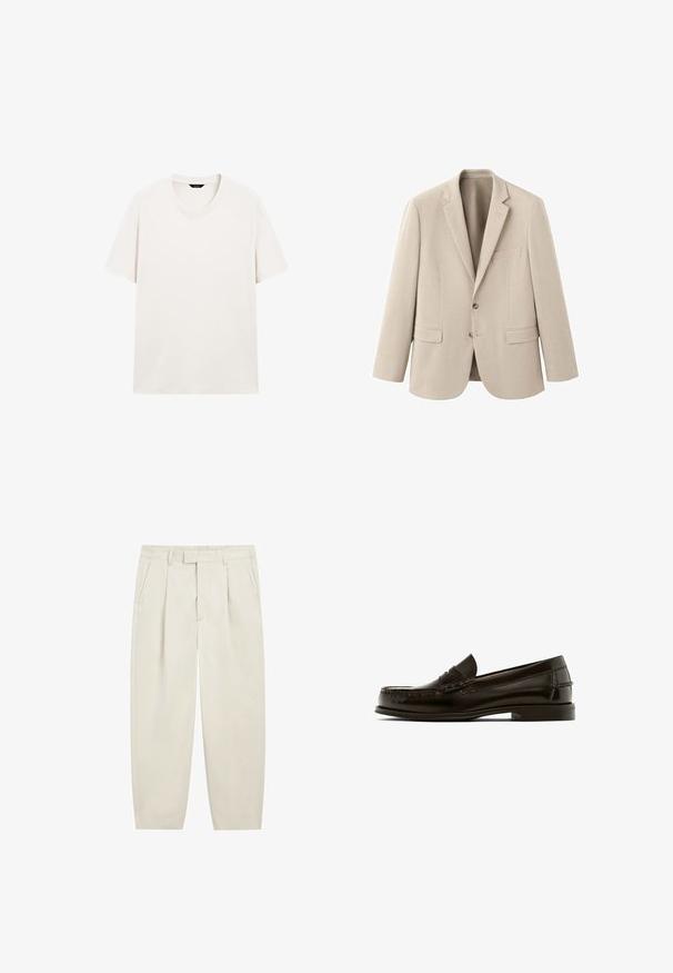 Beige herenblazer met twee knopen, notched revers, borstzak en twee voorzakken met klep, weergegeven op een witte achtergrond.; Effen wit T-shirt met korte mouwen en ronde hals, plat weergegeven met goed zichtbare label bij de hals op een witte achtergrond.; Lichtbeige broek met hoge taille, voorplooien, zijzakken, riemlussen en een verborgen voorsluiting.; Bruine leren instappers met een ronde neus, decoratieve stiksels en een lage hak. Gladde textuur met minimale hardware en een klassiek ontwerp.