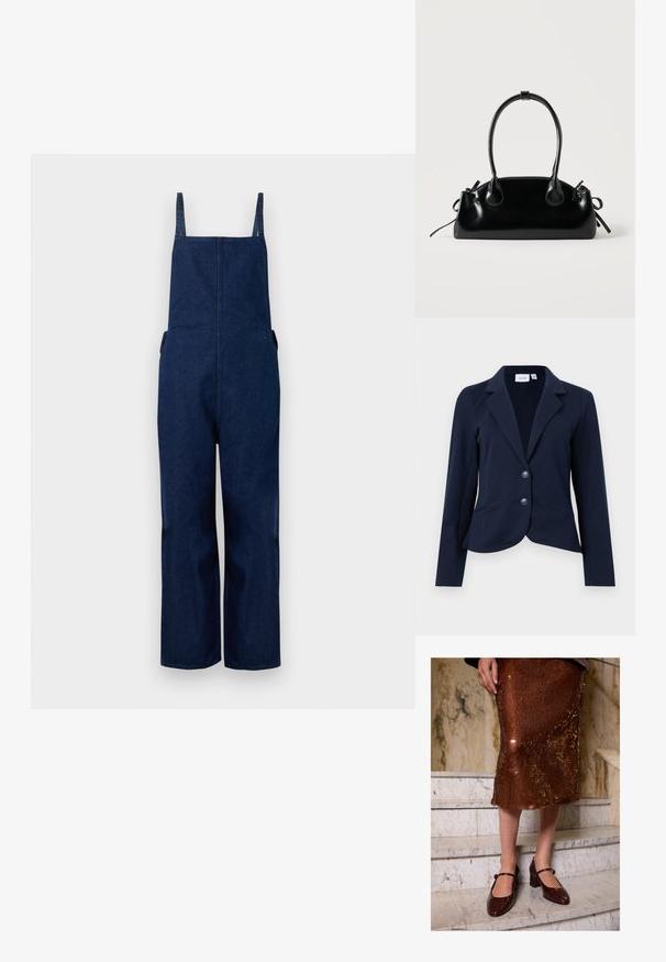 Marineblå damesblazer med hakkede revers, to knapper foran, lange ærmer og to skrå forlommer.; Marineblå denim overalls med brede ben, justerbare stropper og sidelommer, der har et rent, minimalistisk design og en glat tekstur.; Kvinne iført en brun paljettemidi-skjørt og mørkebrune krokodille-teksturerte Mary Jane-hæler som står på marmortrapper.; Lille sort blank håndtaske med to lange håndtag og snøre-detaljer i siden på en ensfarvet lys baggrund.