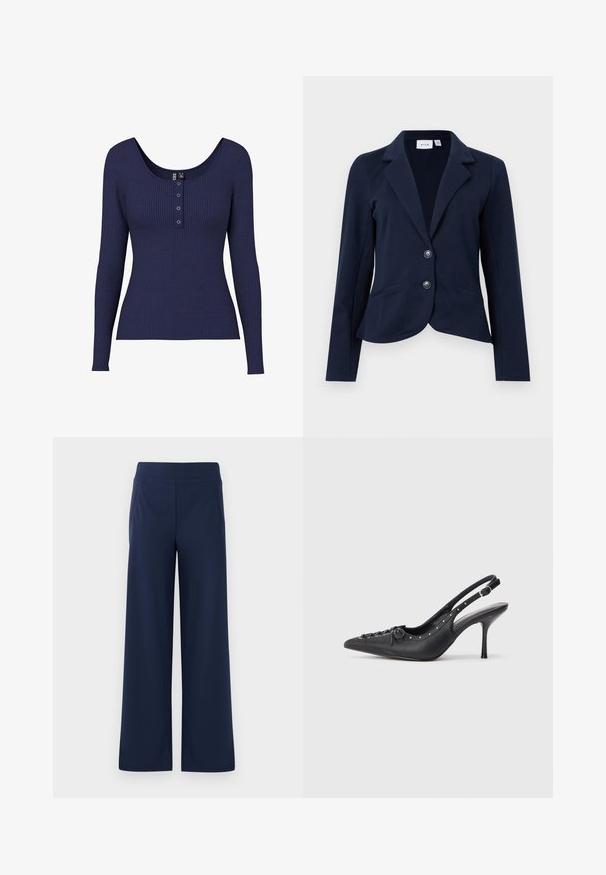 Blazer bleu marine pour femmes avec revers crantés, deux boutons à l'avant, manches longues, et deux poches avant inclinées.; T-shirt bleu marine à manches longues en ribbed avec un col dégagé et une patte de boutonnage comportant trois boutons métalliques au centre.; Pantalons larges bleu marine avec une taille élastique, texture douce et deux poches latérales, conçus pour le confort et la liberté de mouvement.; Escarpin en cuir noir à talon aiguille avec un bout pointu, une bride latérale à boucle, des clous le long du bord et un laçage décoratif à l'avant.