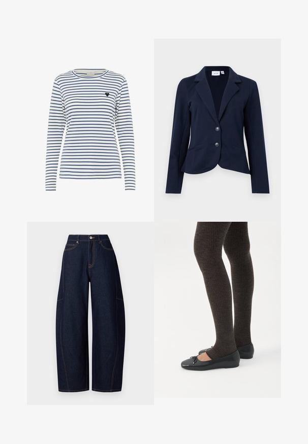 Blazer azul marino para mujer con solapas en muesca, dos botones frontales, mangas largas y dos bolsillos frontales inclinados.; Camisa de manga larga a rayas en blanco y azul marino, con un cuello redondo y un pequeño acento de corazón negro en el lado izquierdo del pecho. Textura de tejido suave.; Pantalones de mezclilla oscuros de pierna ancha con costuras naranjas en contraste, cinco bolsillos y un cierre de botón y cremallera en la cintura.; Piernas con leggings oscuros acanalados combinados con bailarinas negras que presentan pequeños detalles de lazo sobre un fondo blanco.