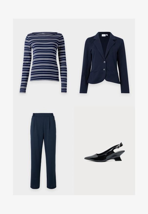 Navyblauwe damesblazer met ingesneden revers, twee knopen aan de voorkant, lange mouwen en twee schuin geplaatste voorzakken.; Navy lange mouw top met witte horizontale strepen, bootkraag en zachte, rekbare stof. Eenvoudig, getailleerd design, minimale details.; Marineblauwe broek met een recht broekspijpontwerp, voorzien van een hoge taille, plooien en een gladde, zachte textuur. Geen zichtbare hardware of patronen.; Zwarte lakleren slingback schoen met spitse neus en lage schuine blokhak op een effen lichte achtergrond.