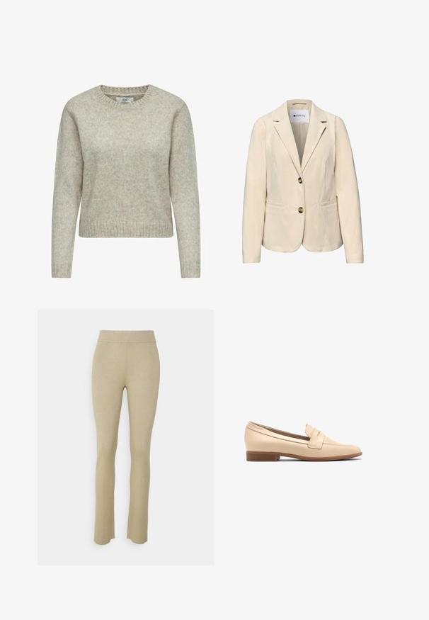 Beige dameblazer med hakkede revers, to knapper foran, subtil tekstur og to forlommer, mærkeetiket indeni kraven.; Lys beige damestriktrøje lavet af blødt strikstof, med rund halsåbning og ribstrikkede manchetter og kant. Klassisk, lige skåret design.; MSCH Copenhagen MSCHDESTINA HASLE PANTS - Bukser - trench coat; Beige læderloafers med en rund tå, der har en dekorativ rem på tværs af forsiden og en lav, stablet hæl. Glat tekstur.