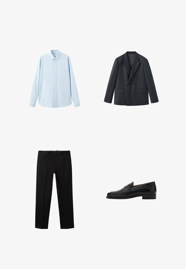 Blazer croisé bleu marine foncé avec revers crantés, deux poches avant et six boutons noirs. Confectionné en tissu lisse, coupe ajustée.; Chemise bleu clair à manches longues avec boutons, col pointu et poche poitrine, présentée sur fond blanc.; Pantalon noir à coupe droite, avec un devant plat, deux poches latérales et une poche arrière unique. Confectionné dans un tissu lisse.; Mocassin penny en cuir noir avec talon bas, bout arrondi et une bride sur la partie supérieure de la chaussure.