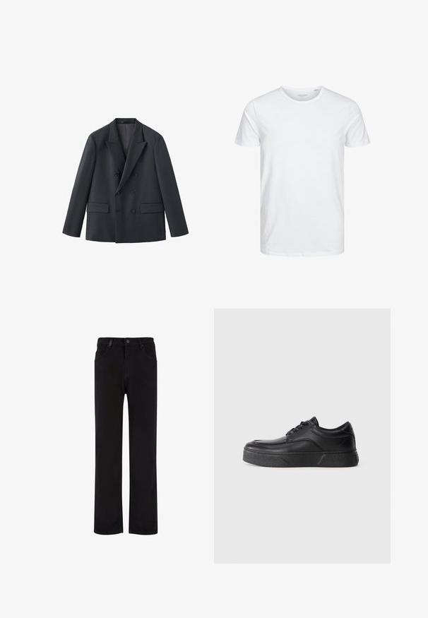 Dunkelblauer, zweireihiger Blazer mit steigendem Revers, zwei Vorder- taschen und sechs schwarzen Knöpfen. Aus glattem Stoff, taillierte Passform.; Rundhals-T-Shirt mit kurzen Ärmeln in reinem Weiß, aus weicher Baumwolle, mit einem schlichten Design ohne sichtbare Muster oder Akzente.; Schwarze Denim-Hosen mit geradem Beinanschnitt, ausgestattet mit Knopfverschluss, Gürtelschlaufen und Vordertaschen. Glatte Textur und einheitliche Farbe.; Schwarze Leder-Schnürsneaker mit dicker strukturiertem Sohlen, runder Zehenform und niedrigem Knöchelhöhe auf einem schlichten weißen Hintergrund.