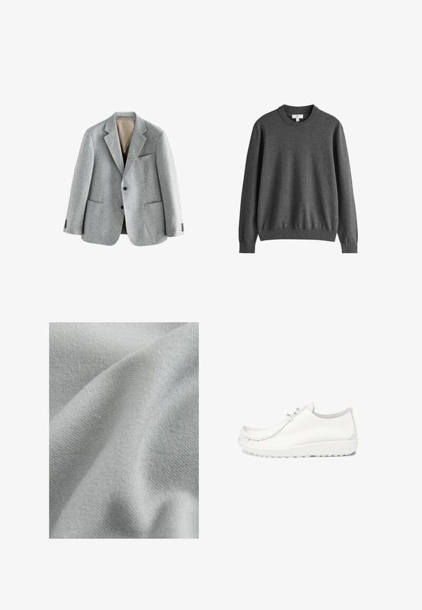 Grau-wollener Blazer mit Revers, zwei frontalen Taschen und zwei Knöpfen. Das Innenfutter ist beige. Texturiertes Material mit klassischem Schnitt.; Dunkelgrauer Pullover mit Rundhalsausschnitt und langen Ärmeln, mit gerippten Bündchen und Saum, Größe M, unifarbenes Strickmaterial.; Hellgrauer Stoff mit einer weichen, glatten Textur und subtilem Strickmuster, drapiert, um sein flexibles und fließendes Design zu zeigen.; Weiße Lederschuhe mit runder Zehenpartie, genähten Details und einer leichten weißen Sohle. Verfügt über zwei Ösen für die Schnürsenkel.
