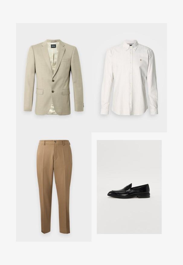 Blazer beige avec une texture lisse, revers crantés, deux poches avant, une poche poitrine unique et boutons marron ; l'intérieur présente un motif léger.; Chemise à manches longues rayée en beige clair et blanc. Dotée d'un col boutonné, de boutons sur le devant et d'un petit logo sur la poitrine.; Pantalons marron sur mesure avec une coupe droite, plis simples, passants de ceinture et fermeture à bouton sur le devant. Tissu lisse avec une texture mate.; Mocassin en cuir noir avec une pointe arrondie, des coutures discrètes et une finition lisse. Doté d'un talon bas empilé et d'une sangle sur le cou-de-pied.