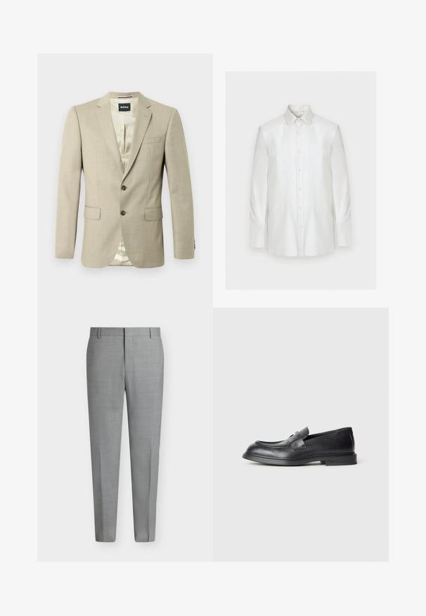 Blazer beige avec une texture lisse, revers crantés, deux poches avant, une poche poitrine unique et boutons marron ; l'intérieur présente un motif léger.; Chemise blanche à manches longues avec boutons et col pointu, présentée de face sur un fond clair uni.; Pantalon de costume gris clair sur mesure avec passants de ceinture, devant plat et coupe droite sur fond blanc.; Mocassins en cuir noir avec une finition texturée, dotés d'une bride décorative à l'avant et d'un bout arrondi. Semelle en caoutchouc pour plus de durabilité.