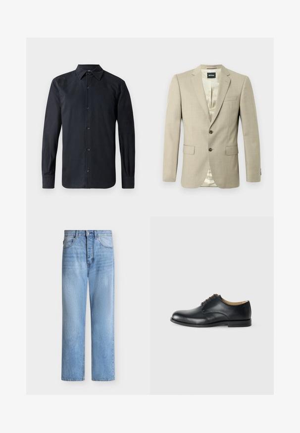 Beige blazer met een gladde textuur, met kruislingse revers, twee voorzakken, een enkele borstzak en bruine knopen; de binnenvoering heeft een lichte patronen.; Zwarte longsleeve shirt met een standaard kraag, sluiting met knopen aan de voorkant, gemaakt van gladde stof, met een rechte snit en knoopmanchetten.; Lichtblauwe spijkerbroek met rechte pijpen, knoop- en ritssluiting, voor- en achterzakken en riemlussen in de tailleband.; Calvin Klein ESS DERBY - Veterschoenen - triple black
