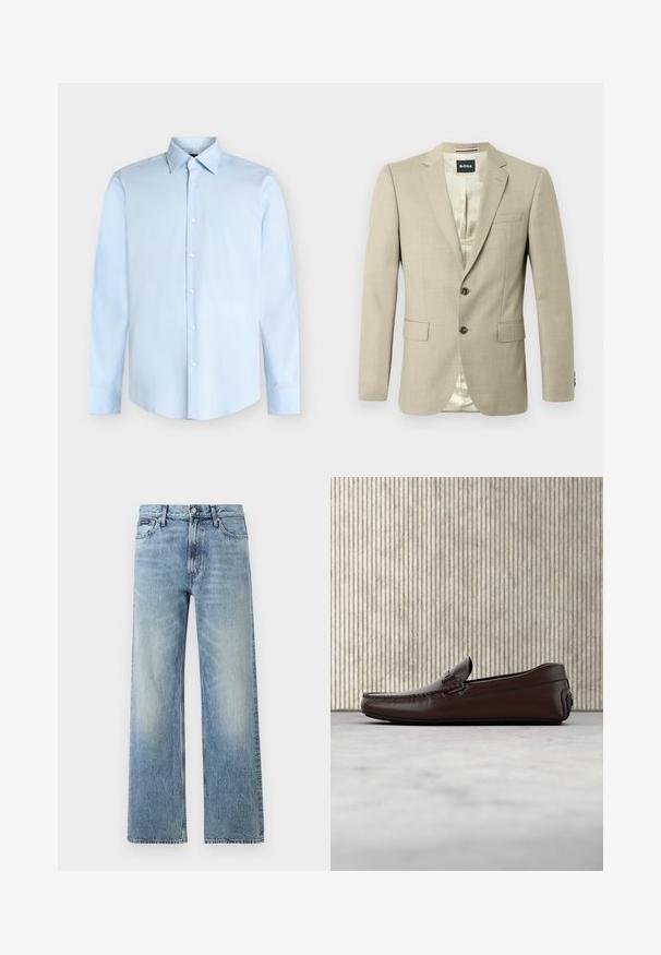 Beige Blazer mit glatter Textur, mit Revers, zwei Fronttaschen, einer Brusttasche und braunen Knöpfen; das Innere ist mit einem hellen Muster versehen.; Hellblaues Herrenhemd mit langen Ärmeln, Knopfleiste vorne und spitzem Kragen, vor weißem Hintergrund dargestellt.; Hellblaue Jeans mit geradem Bein, hohem Bund, fünf Taschen, Knopfverschluss und dezentem Verblassen an Oberschenkeln und Knien.; Braune Leder-Loafer mit glatter Oberfläche, Mokassinstich, erhöhtem Zehenbereich und einer flexiblen Gummisohle in niedriger Höhe.