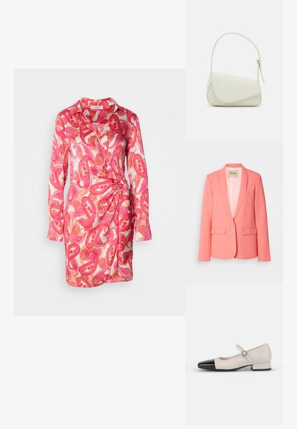 Blazer rose corail avec revers cranté, deux poches avant, fermeture à un bouton et une texture lisse. Intérieur doublé avec étiquette de marque visible.; Robe à manches longues en tissu léger avec un motif paisley rose, dotée d'un col et d'un détail noué sur le côté.; Chaussure de style Mary Jane en cuir crème avec un bout en vernis noir. Présente un bout rond, une sangle de cheville avec une boucle carrée et un petit talon carré.; Sac à main en cuir synthétique blanc avec une forme triangulaire structurée, une bandoulière unique réglable et un rabat à courbes accentuées.