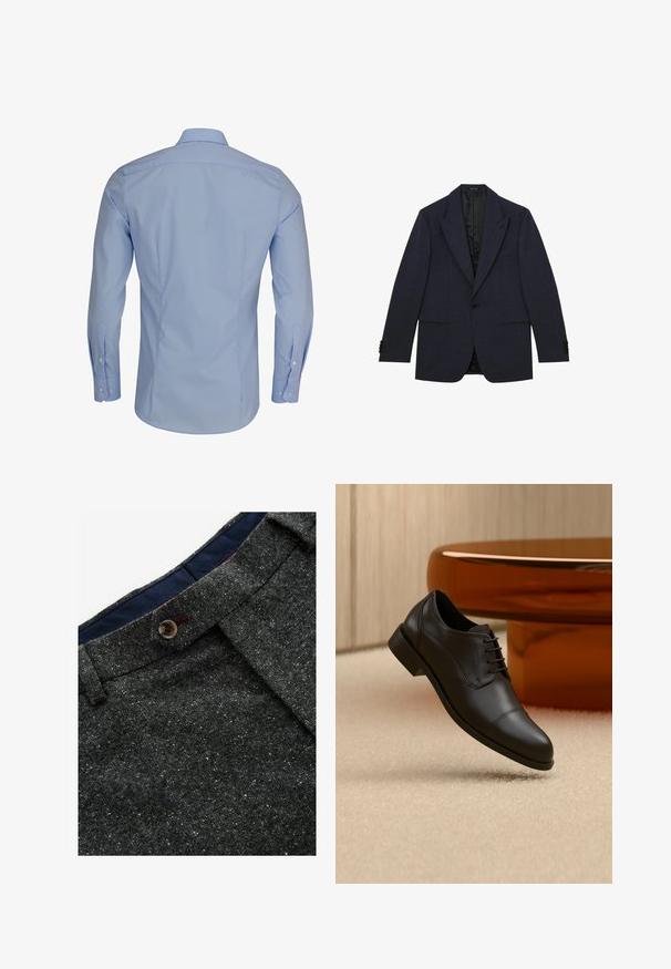 Enkeltknappet mørkeblå blazer med notch-krave, to forlommer og knappede ærmer, vist fladt på en hvid baggrund.; Lyseblå langærmet skjorte med knap-trykkrave, der har en glat tekstur og tætsiddende design, med hvide knapdetaljer.; Grå uldblandede bukser med en spottet tekstur. Har en spids talje, knaplukning og marineblå inderside.; Sort formel oxfordskind sko med snørebånd, der svæver over et beige tæppe, med et rundt brunt bord i baggrunden.
