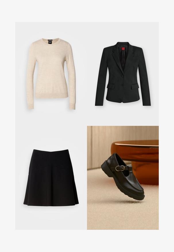 Schwarzer taillierter Blazer mit zwei Knöpfen, Kerbkragen, Pattentaschen und einem roten HUGO-Label innen am Kragen.; BOSS FERPINA - Strickpullover - light beige; Schwarzer, ausgestellter Rock aus weichem Stoff, mit einem taillierten Bund und Nahtdetails. Glatte Textur mit einem schlichten, klassischen Design.; Schwarzer Lederloafer mit goldener Schnallenriemen, dicker Sohle, schwebend über beigem Teppich mit braunem Holztisch im Hintergrund.