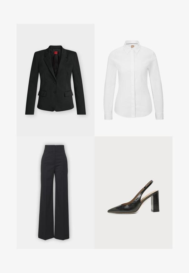 Sort tætsiddende blazer med to knapper, hak-krave, klaplommer og en rød HUGO-label indeni kraven.; Hvid langærmet skjorte med knapper i sprød bomuldsstof, med klassisk krave, frontlukning og skræddersyet pasform. Glat tekstur, ingen mønstre.; Bredbenede bukser i sort stof med høj talje, der har en ren finish og glat tekstur. Ingen synlige detaljer eller mønstre.; Sort læder peep-toe slingback sko med høj blokhæl og beige indvendig foring mod en ensfarvet lys baggrund.