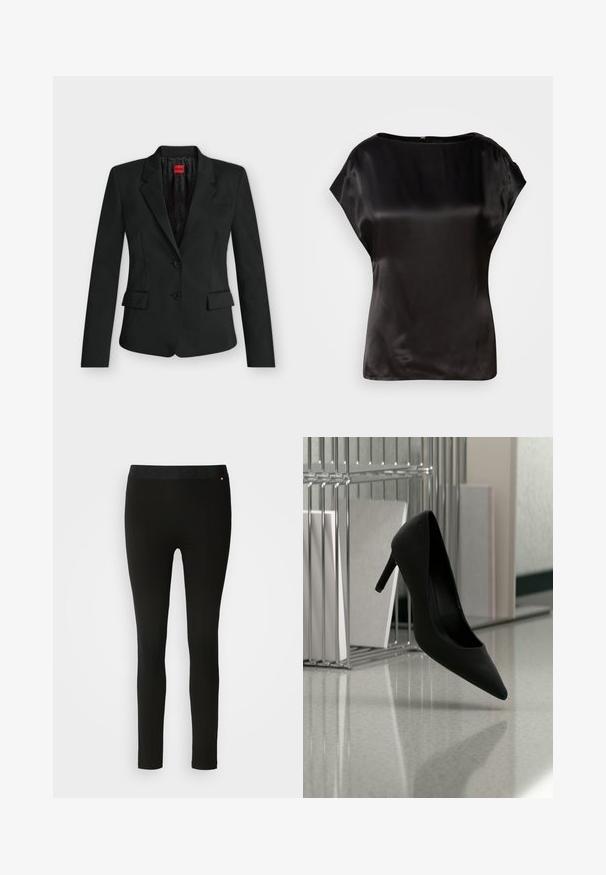 Sort tætsiddende blazer med to knapper, hak-krave, klaplommer og en rød HUGO-label indeni kraven.; Sort satin top med bådudskæring, korte ærmer og en subtil glans. Har en skjult lynlås i ryggen til lukning. Glat tekstur.; Sorte leggings med en glat tekstur, featuring en fleksibel talje og diskret sømdetalje. Ingen mønstre eller hardware er til stede.; Sort højhælet sko balancerende på hælen på en reflekterende bordplade nær metalfilholder med hvide mapper.