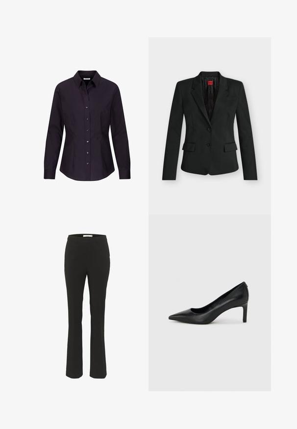 Zwart aansluitend colbert met twee knopen, inkeping rever, klepzakken en een rood HUGO-label aan de binnenkant van de kraag.; Zwarte damesblouse met lange mouwen, aangesloten pasvorm, knoopsluiting, kraag en naaddetails aan de zijkanten, getoond op een witte achtergrond.; Zwarte op maat gemaakte broek met een slim fit, klokvormige onderkant, platte voorkant en geen zichtbare zakken. Gemaakt van een gladde stof met minimale naden.; Zwarte leren pumps met een spits toelopende neus en een slanke, middelhoog hak, afgebeeld tegen een effen lichtgrijze achtergrond.