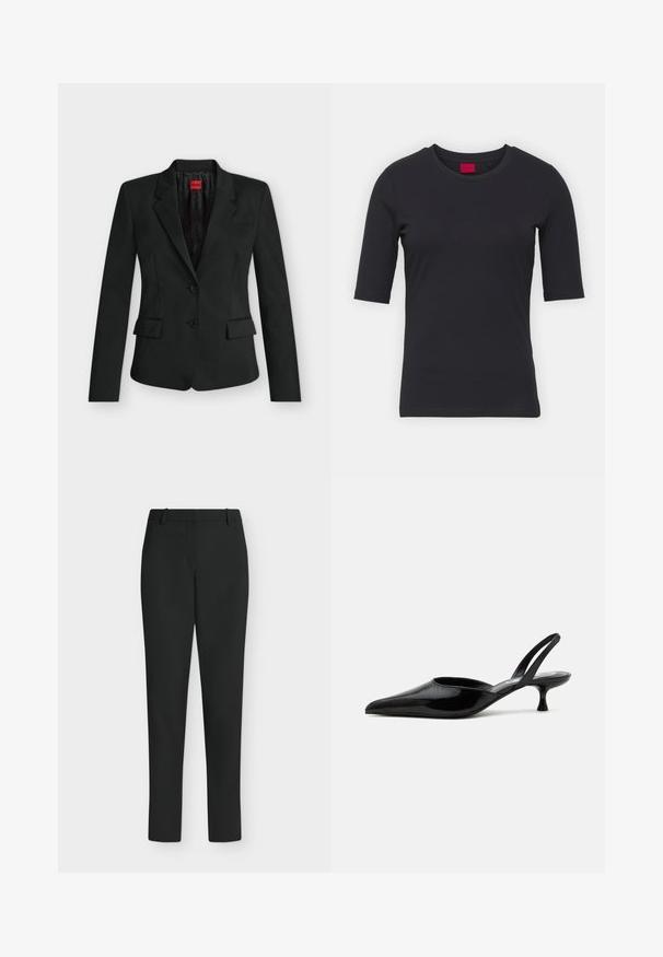 Schwarzer taillierter Blazer mit zwei Knöpfen, Kerbkragen, Pattentaschen und einem roten HUGO-Label innen am Kragen.; Schwarzes Baumwoll-T-Shirt mit kurzen Ärmeln, Rundhalsausschnitt und minimalistischen Design. Besitzt ein rotes Markenetikett am Halsausschnitt.; Schwarze Slim-Fit-Hose mit Gürtelschlaufen, Frontreißverschluss und geraden Beinen, vor weißem Hintergrund präsentiert.; Schwarzer Lackleder-Slingback-Kittenheel-Schuh mit spitzer Spitze und niedrigem, geschwungenem Absatz auf einfachem hellem Hintergrund.