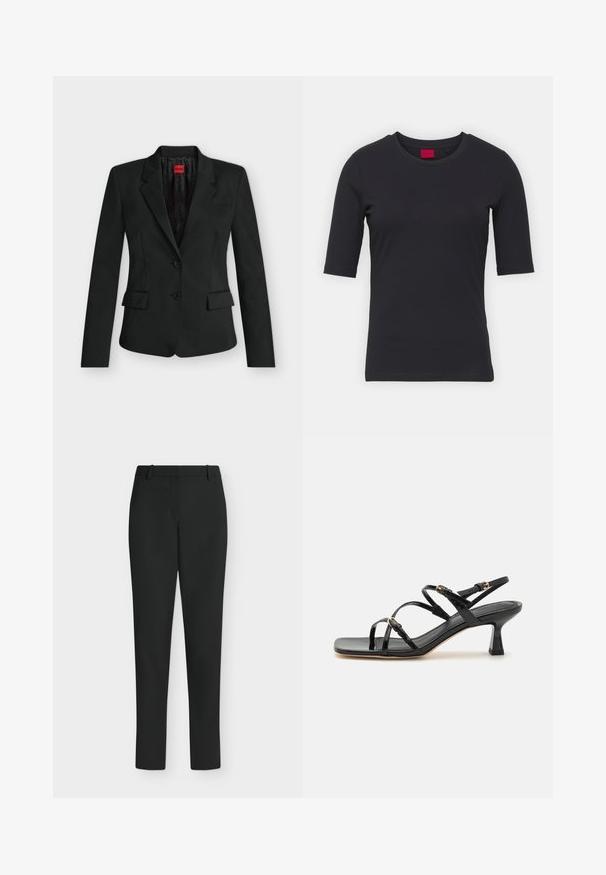 Sort tætsiddende blazer med to knapper, hak-krave, klaplommer og en rød HUGO-label indeni kraven.; Sort bomulds T-shirt med korte ærmer, rund halsudskæring og et minimalistisk design. Har et rødt mærke ved halsudskæringen.; Sorte, tætsiddende bukser med bæltestropper, forlynlås og lige ben, vist mod en hvid baggrund.; Sorte lakerede sandaler med stropper, kvadratisk tå og en lav blokhæl. Udstyret med guldfarvet hardware og justerbare ankelremme.
