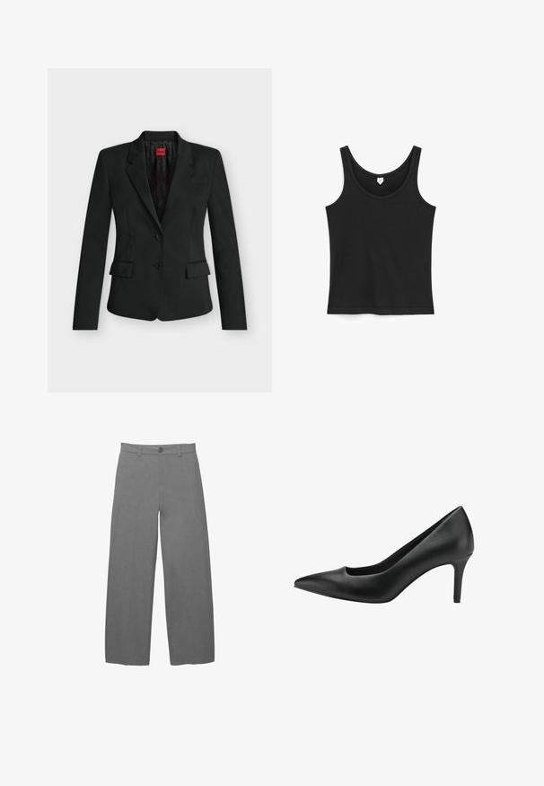 Sort tætsiddende blazer med to knapper, hak-krave, klaplommer og en rød HUGO-label indeni kraven.; Sort ærmeløs tanktop med rund halsudskæring, lagt fladt på hvid baggrund.; Lysegrå bukser med vide ben i en glat, tekstureret stof, med knaplukning foran og bæltestropper i taljen.; Sort læder højhælet sko med spidse tå, der har et udskæringsdesign og en slank stiletto hæl. Glat tekstur og strømlinet silhuet.