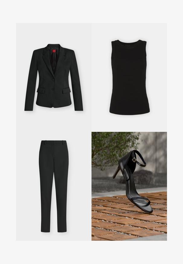 Blazer negro entallado con dos botones, solapas con muesca, bolsillos con solapa y una etiqueta roja de HUGO en el interior del cuello.; Top de tirantes negro sin mangas hecho de algodón acanalado, con un escote redondeado y una silueta ajustada.; Pantalones negros de corte ajustado con trabillas para cinturón, cremallera frontal y piernas rectas, mostrados sobre un fondo blanco.; Sandalia negra de tacón alto con correa en el tobillo, parece suspendida sobre un suelo de baldosas de madera al aire libre, con un fondo difuminado de vegetación y piedra.