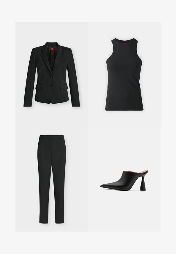 Blazer negro entallado con dos botones, solapas con muesca, bolsillos con solapa y una etiqueta roja de HUGO en el interior del cuello.; Camiseta sin mangas negra hecha de una tela elástica. Presenta un cuello redondo y una silueta ajustada con detalles de costura mínimos.; Pantalones negros de corte ajustado con trabillas para cinturón, cremallera frontal y piernas rectas, mostrados sobre un fondo blanco.; Mules de cuero negro con punta afilada y un singular tacón en forma de cono. Textura suave y diseño minimalista, con parte trasera abierta para facilitar su uso.