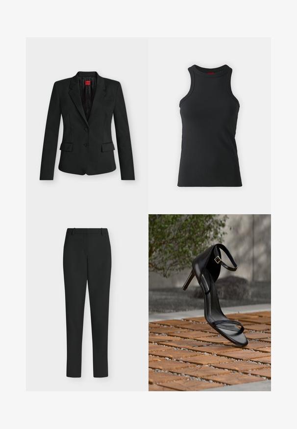 Sort tætsiddende blazer med to knapper, hak-krave, klaplommer og en rød HUGO-label indeni kraven.; Sort ærmeløs tanktop lavet af strækbart stof. Har en rund hals og en tætsiddende silhuet med minimale syninger.; Sorte, tætsiddende bukser med bæltestropper, forlynlås og lige ben, vist mod en hvid baggrund.; Sort højhælet sandal med ankelsnor, der ser ud til at svæve over et trægulv udendørs med sløret grønt og sten i baggrunden.