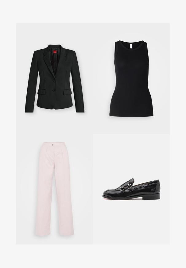 Blazer negro entallado con dos botones, solapas con muesca, bolsillos con solapa y una etiqueta roja de HUGO en el interior del cuello.; Top sin mangas negro hecho de tela acanalada, con un escote redondo y un diseño ajustado, con una textura suave y sin patrones.; Pantalones de pierna ancha en suave tela de algodón rosa, con cierre frontal de botón, diseño plisado y silueta relajada.; Mocasín de charol negro con acentos de doble hebilla plateada, punta ligeramente redondeada y tacón bajo apilado. Detalle de costura texturizada a lo largo de la parte superior.