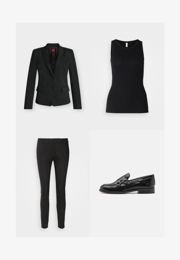 Blazer negro entallado con dos botones, solapas con muesca, bolsillos con solapa y una etiqueta roja de HUGO en el interior del cuello.; Top sin mangas negro hecho de tela acanalada, con un escote redondo y un diseño ajustado, con una textura suave y sin patrones.; Pantalones negros ajustados con una textura de tela suave, presentan bolsillos laterales y un diseño de frente plano, ofreciendo una silueta elegante y entallada.; Mocasín de charol negro con acentos de doble hebilla plateada, punta ligeramente redondeada y tacón bajo apilado. Detalle de costura texturizada a lo largo de la parte superior.