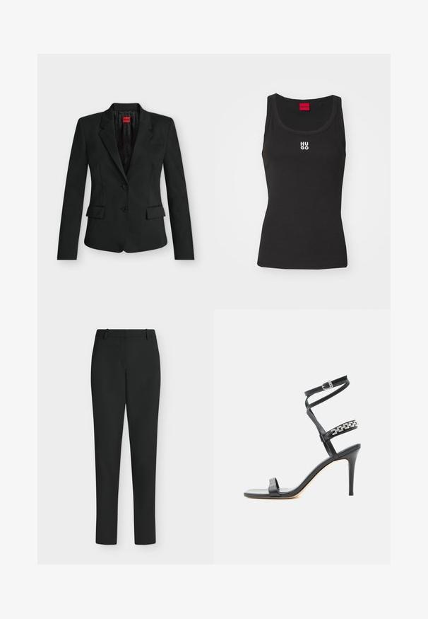 Schwarzer taillierter Blazer mit zwei Knöpfen, Kerbkragen, Pattentaschen und einem roten HUGO-Label innen am Kragen.; Schwarzes Tanktop aus Baumwolle mit rundem Ausschnitt und ohne Ärmel. Mit weißem "HUGO"-Logo in der Mitte. Einfaches und tailliertes Design.; Schwarze Slim-Fit-Hose mit Gürtelschlaufen, Frontreißverschluss und geraden Beinen, vor weißem Hintergrund präsentiert.; Schwarze Sandalette mit hohem Absatz, schlankem Knöchelriemen, Mittelriemen verziert mit silbernen Kettengliedern und offenem Zehendesign.