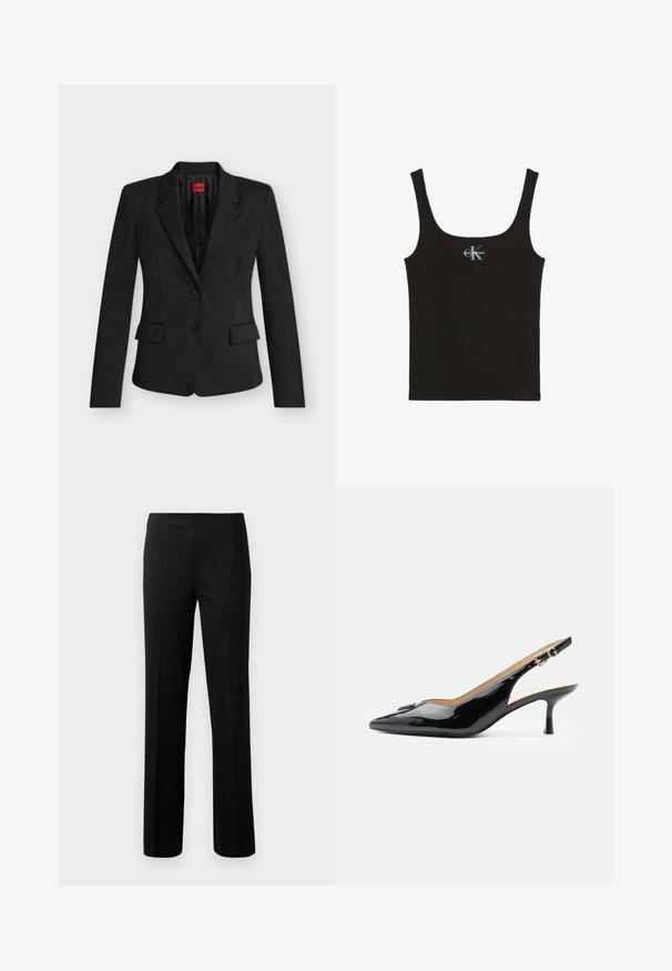 Blazer noir ajusté avec deux boutons, revers crantés, poches à rabat, et une étiquette rouge HUGO à l’intérieur du col.; Débardeur en coton noir avec un col rond dégagé et de larges bretelles. Présente un petit logo "Calvin Klein" imprimé sur le devant.; Pantalons noirs ajustés avec des rayures verticales, devant plat, deux poches latérales et une coupe droite. Fabriqués dans un tissu lisse.; Escarpin slingback en cuir verni noir avec bout pointu, petit talon kitten et bride à boucle argentée sur fond blanc uni.