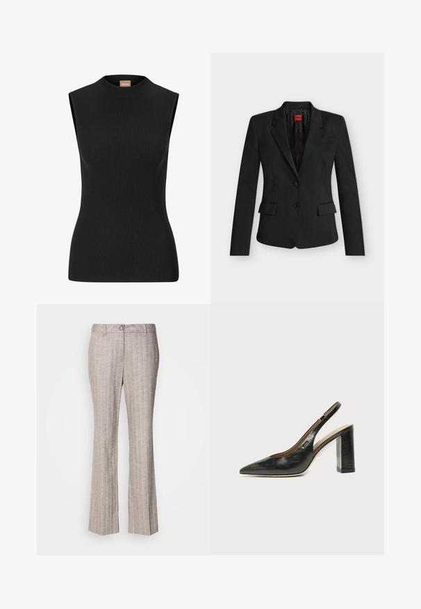 Blazer noir ajusté avec deux boutons, revers crantés, poches à rabat, et une étiquette rouge HUGO à l’intérieur du col.; Haut sans manches noir à côtes avec un col haut et une silhouette ajustée, fabriqué en matériau extensible. Présente un branding minimal au niveau du cou.; Pantalons taillés beiges à rayures avec bouton devant, passants de ceinture et jambes légèrement évasées sur un fond blanc uni.; Chaussure slingback en cuir noir à bout pointu avec un talon bloc haut et une doublure intérieure beige sur un fond clair uni.