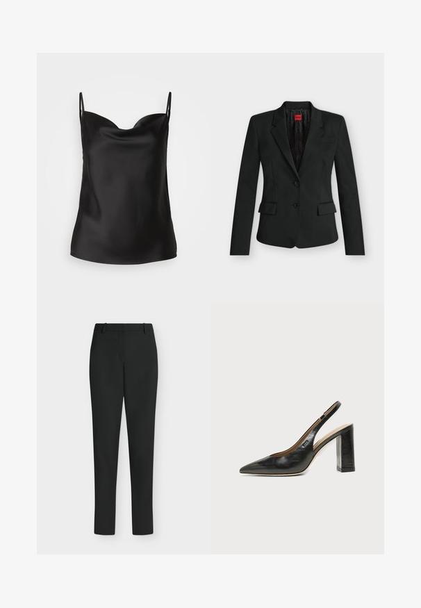 Blazer noir ajusté avec deux boutons, revers crantés, poches à rabat, et une étiquette rouge HUGO à l’intérieur du col.; Camisole en satin noir avec un décolleté plongeant, des bretelles minces et une texture lisse et brillante. Design simple et classique sans ornements.; Pantalon noir slim fit avec passants de ceinture, fermeture éclair devant et jambes droites, présenté sur fond blanc.; Chaussure slingback en cuir noir à bout pointu avec un talon bloc haut et une doublure intérieure beige sur un fond clair uni.
