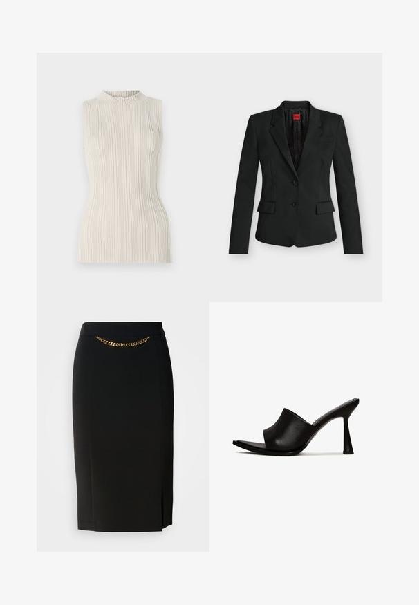 Sort tætsiddende blazer med to knapper, hak-krave, klaplommer og en rød HUGO-label indeni kraven.; Ærmeløs top i lys beige, med ribbet tekstur og en høj, samlet halsudskæring. Tætsiddende silhuet fremhæver formen.; Sort blyantskirt med et lille slids, der har en guld kædedetalje ved livet. Lavet af et glat, strækbart stof for komfort.; Sorte højhælede mules med en glat læderoverflade, åben tå og buet design. Har en slank stilethæl og minimalistisk stil.