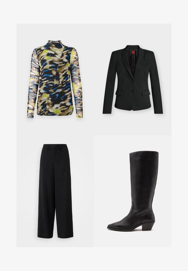 Blazer negro entallado con dos botones, solapas con muesca, bolsillos con solapa y una etiqueta roja de HUGO en el interior del cuello.; Top de manga larga en una tela estampada que presenta tonos de marrón, azul y verde lima, con un diseño texturizado recogido y un cuello alto.; Pantalones de pierna ancha negros, hechos de una tela suave, con un diseño de frente plano, detalles plisados y trabillas en la cinturilla.; Bota de cuero negra hasta la mitad de la pantorrilla con puntera puntiaguda y tacón bajo inclinado sobre un fondo claro y liso.